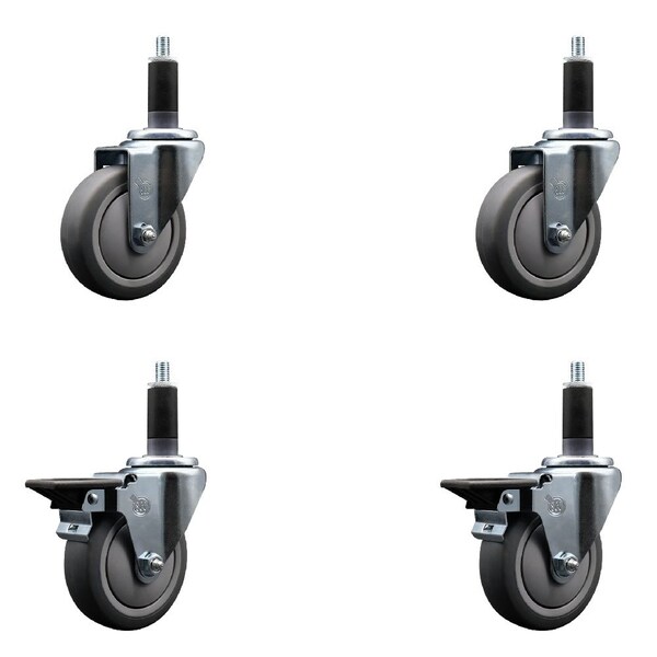 4'' Thermoplastic Rubber Wheel Swivel 1-1/8'' Expanding Stem Caster Set 2 Brakes, 4PK